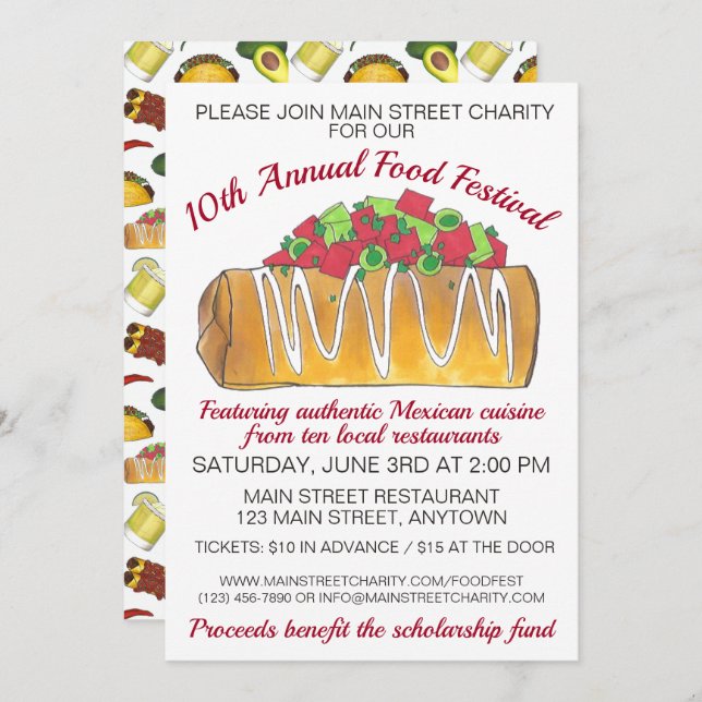 Invitación Festival mexicano de Tex Mex Food Chimichanga (Anverso / Reverso)