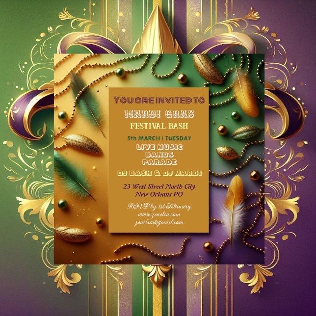 Invitación Festival Pastel Mardi Gras Bash Feathers Beathers  (Pastel Mardi Gras Festival Bash Feathers Bead Gold Invitation)