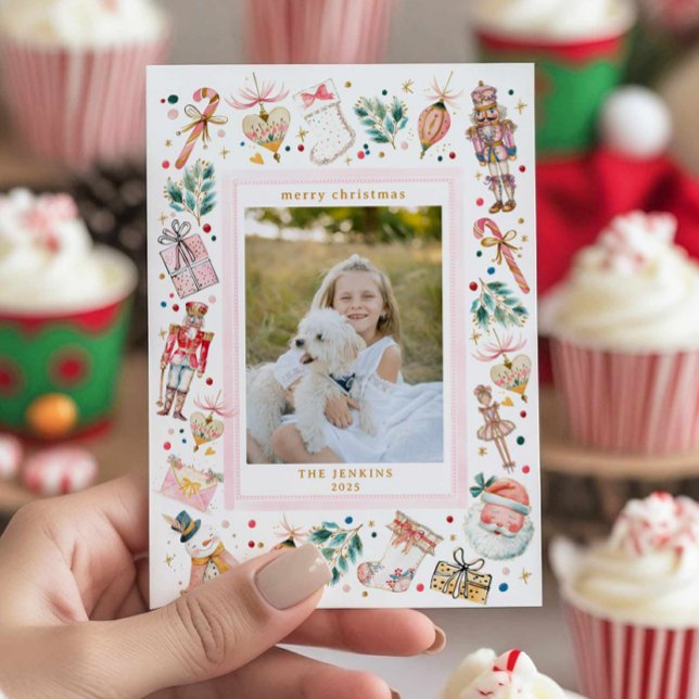 Invitación Festive Christmas Family Photo Card (Fun Pink Christmas Photo Card)