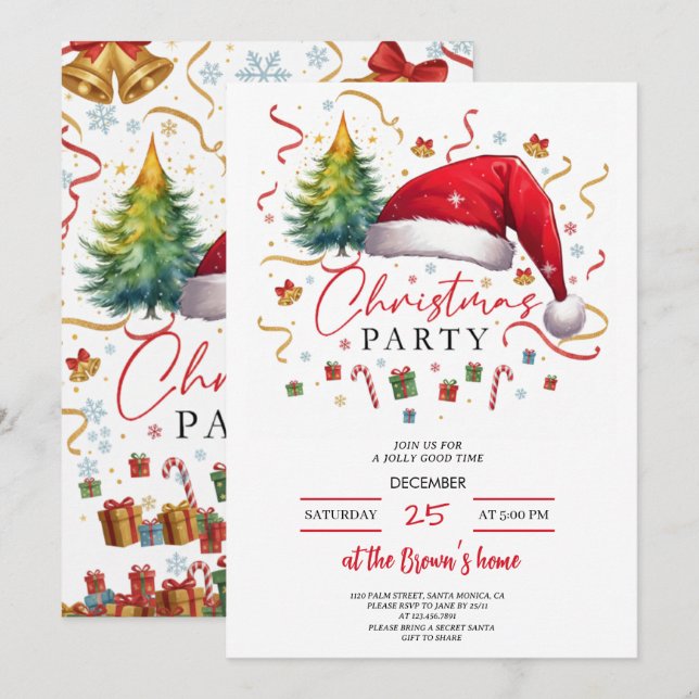 Invitación Festive Christmas Party Invitation Red Santa Hat (Anverso / Reverso)