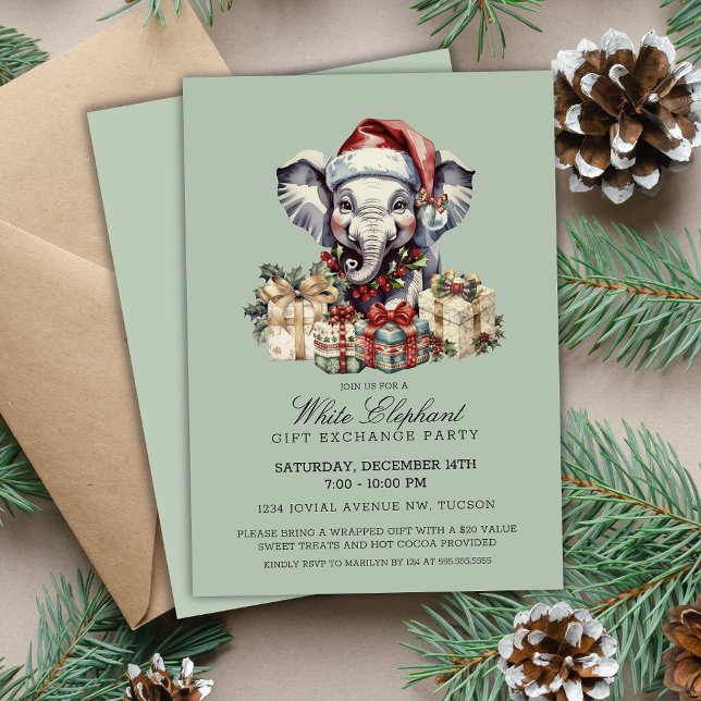 Invitación Festive Christmas White Elephant Gift Exchange (Cute Sage Green festive Christmas White Elephant Gift Exchange Party Invitations printable digital)