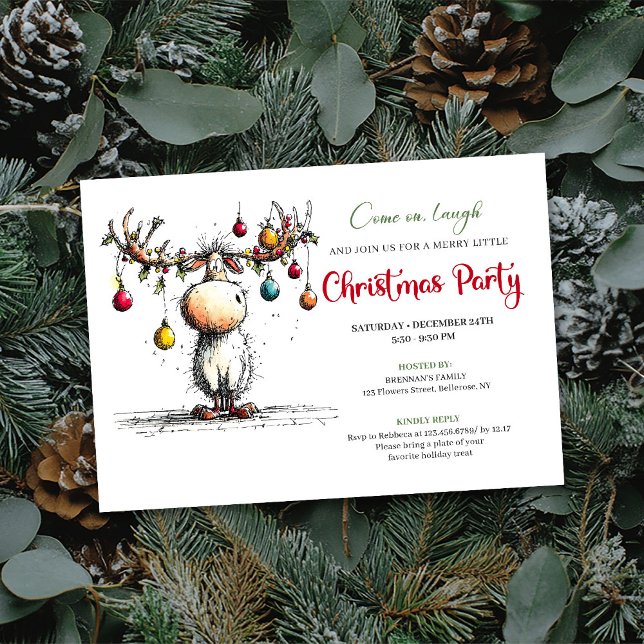 Invitación Festive funny reindeer Christmas party invite (Festive funny reindeer Christmas party invite

)