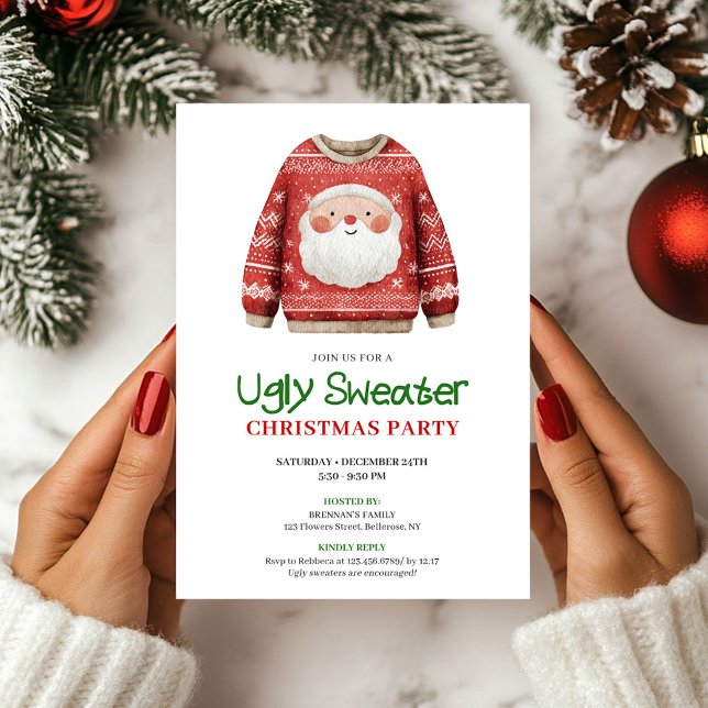 Invitación Festive Funny Ugly Sweater Holiday Party Card (Festive Funny Ugly Sweater Holiday Party Card)