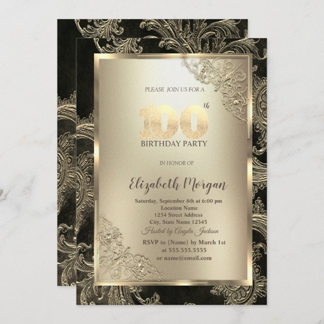 Invitación Festive Gold Frame,Floral Damask 100th Birthday (Anverso / Reverso)