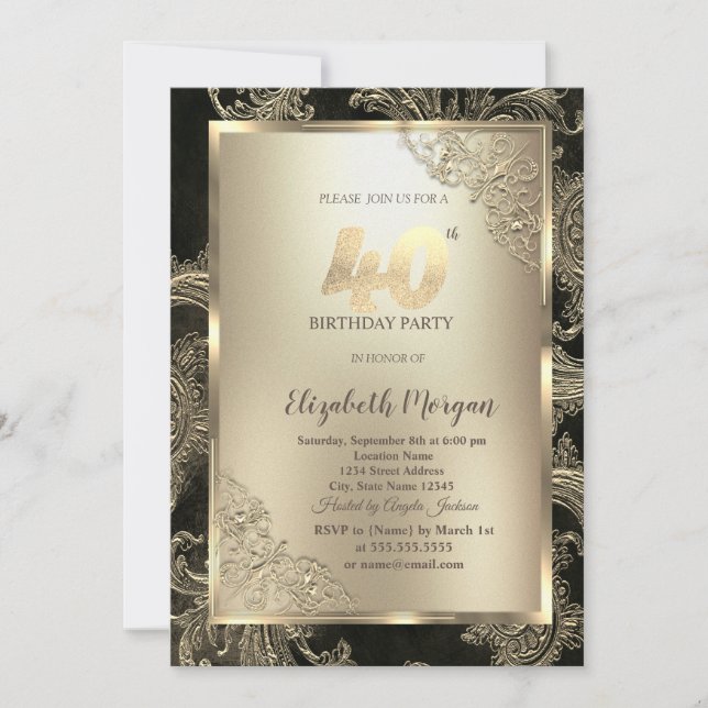 Invitación Festive Gold Frame,Floral Damask 40th Birthday  (Anverso)