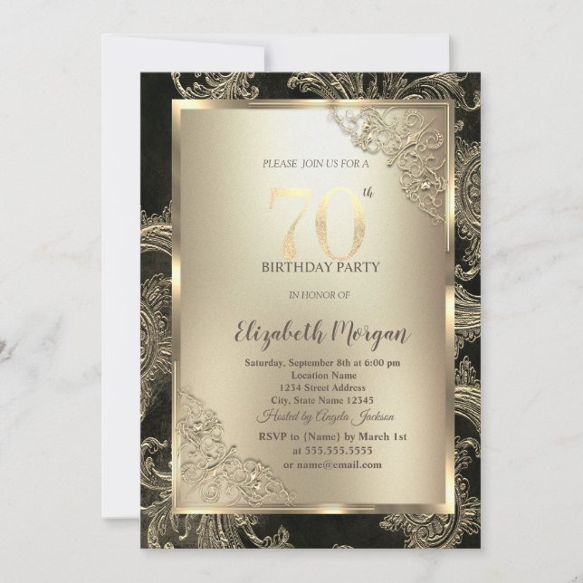 Invitación Festive Gold Frame,Floral Damask 70th Birthday  (Anverso)