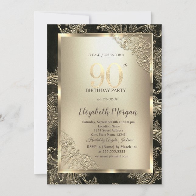 Invitación Festive Gold Frame,Floral Damask 90th Birthday  (Anverso)