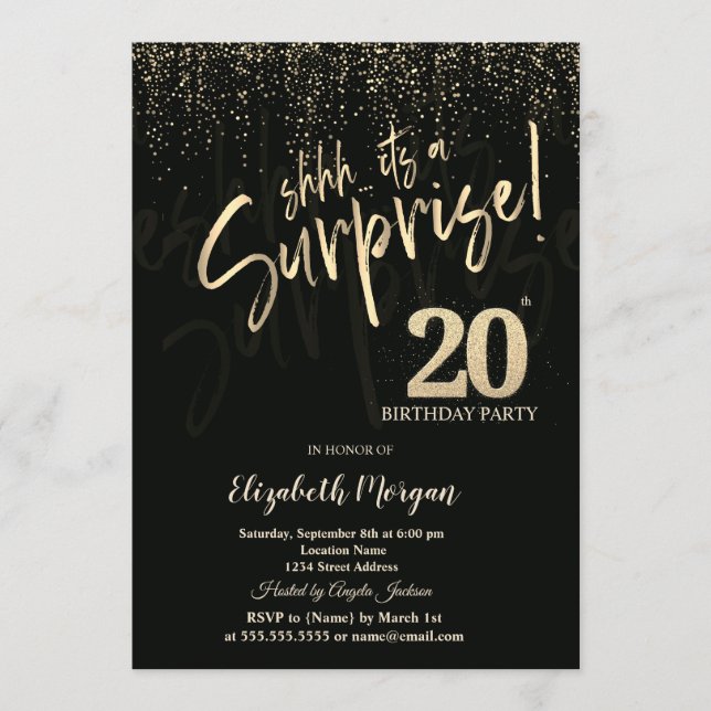 Invitación Festive Gold Surprise 20th Birthday Party (Anverso)