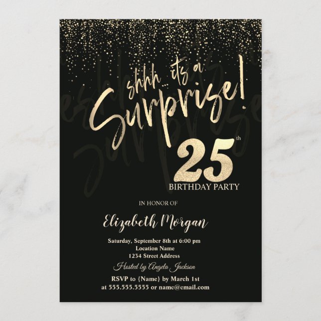 Invitación Festive Gold Surprise 25th Birthday Party (Anverso)