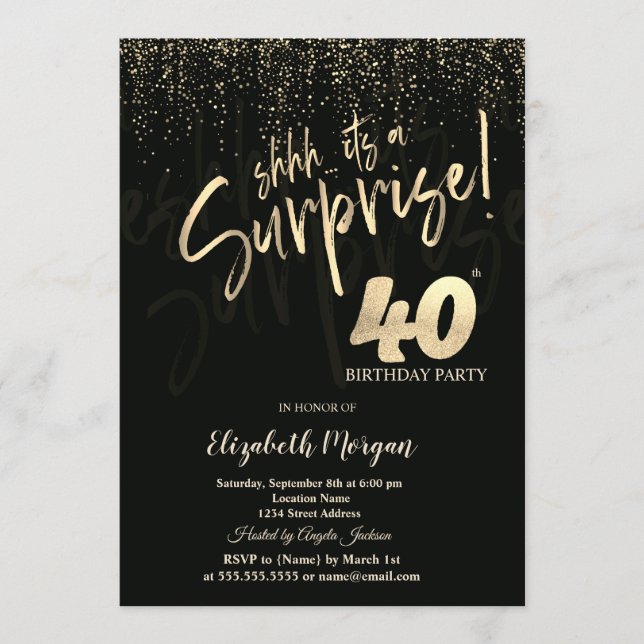 Invitación Festive Gold Surprise 40th Birthday Party (Anverso)