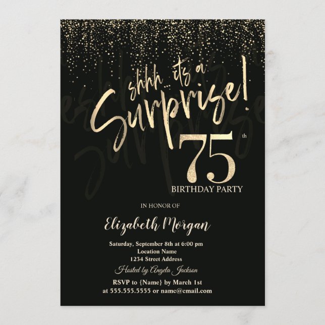 Invitación Festive Gold Surprise 75th Birthday Party (Anverso)