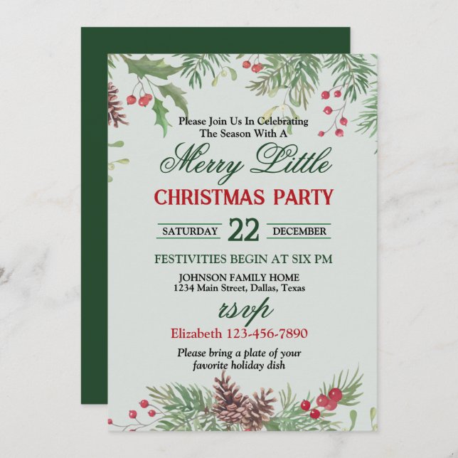 Invitación Festive Holly Border Christmas Party (Anverso / Reverso)