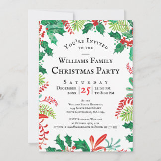 Invitación Festive Holly Christmas Red Green Party Invitation