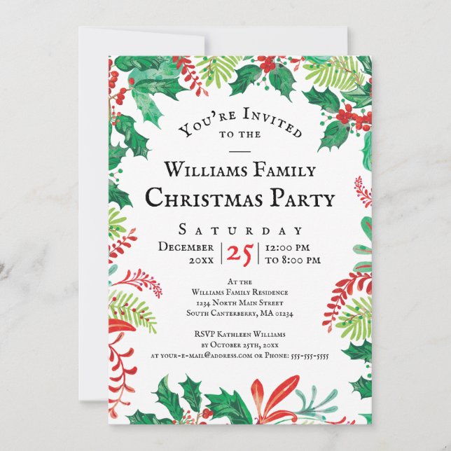 Invitación Festive Holly Christmas Red Green Party Invitation (Anverso)