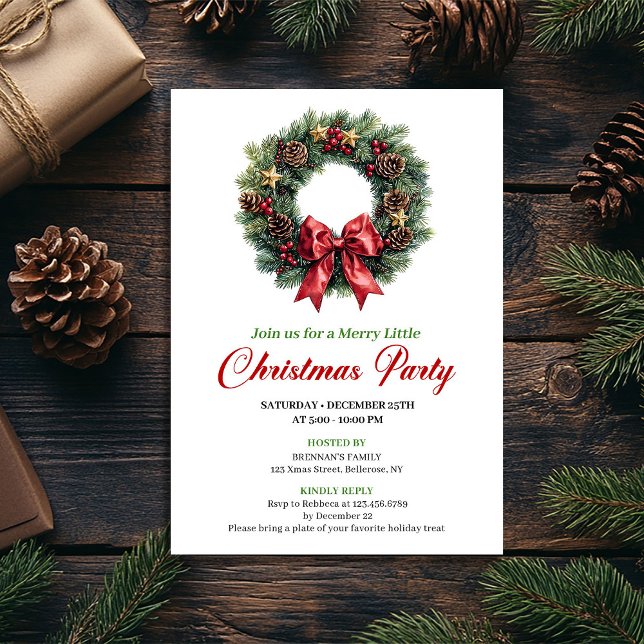 Invitación Festive Pine Wreath Christmas Party Editable Card (Festive Pine Wreath Christmas Party Editable Card)
