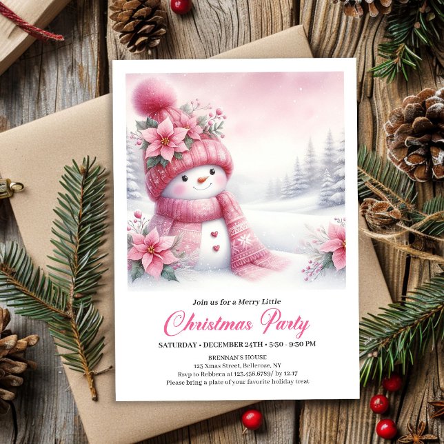 Invitación Festive Pink Snowman Kids Christmas Invite Digital (Festive Pink Snowman Kids Christmas Invite Editable File)