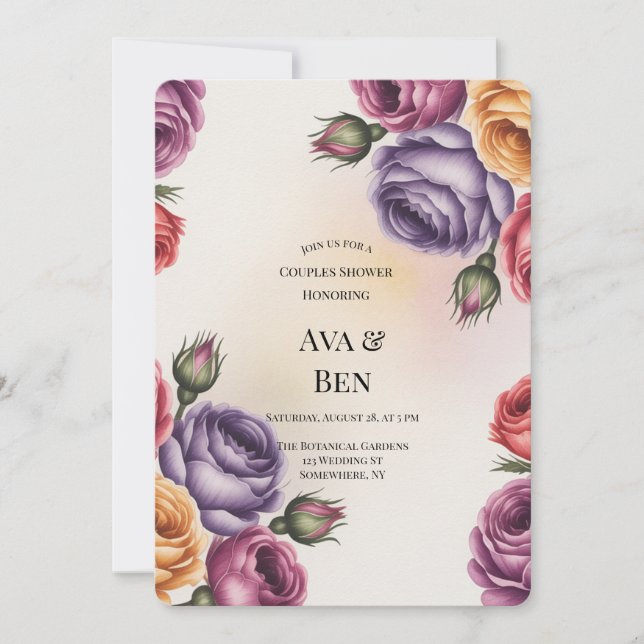 Invitación Festive Purple Orange and Red Roses Couples Shower (Anverso)