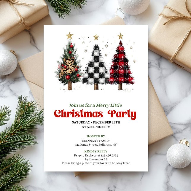 Invitación Festive red black buffalo Christmas tree invites (Festive red black buffalo Christmas tree invitation)