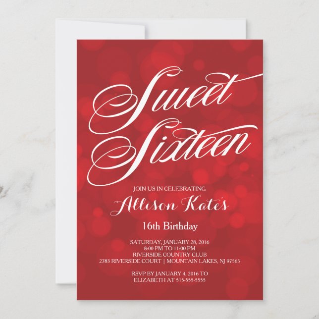 Invitación Festive Red Bokeh Lights Sweet 16TH Birthday (Anverso)