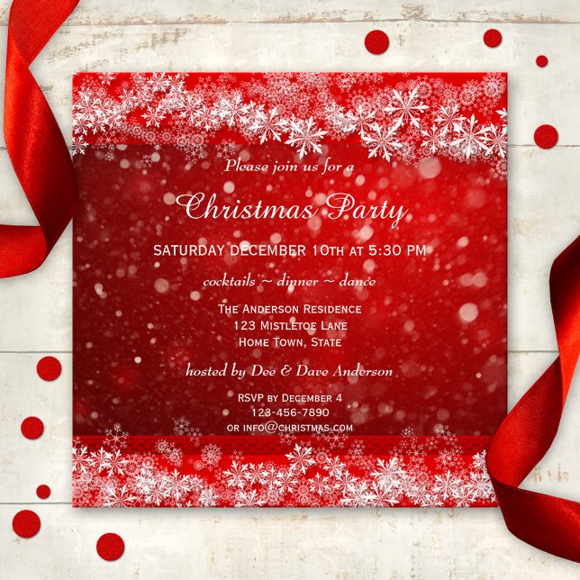 Invitación Festive Red Christmas Party Invitation (A modern Christmas party invitation in red with elegant snow crystals and snow flakes)