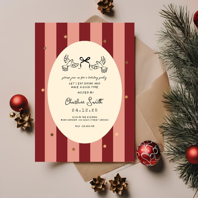Invitación Festive Red Pink Striped Holiday Party Invitation (Subido por el creador)