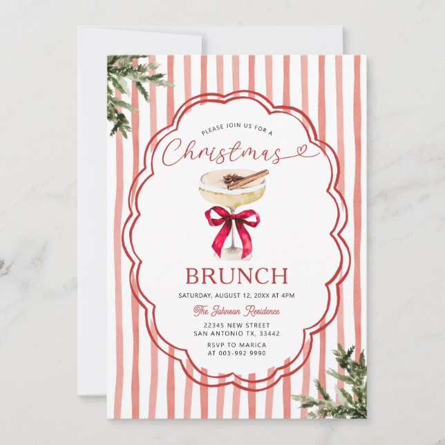 Invitación Festive Red Stripe & Holiday Christmas Brunch (Anverso)