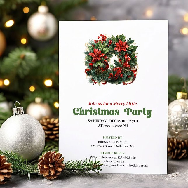 Invitación Festive Retro Christmas Wreath Party Invitation (Festive Retro Christmas Angel Party Invitation)
