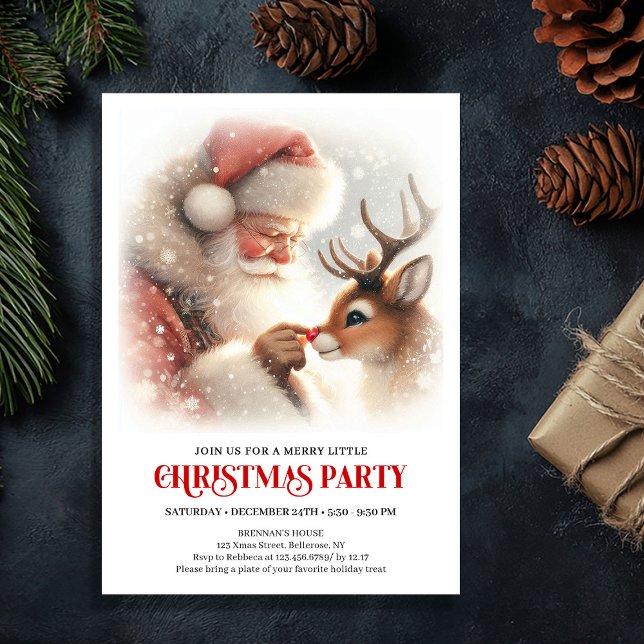 Invitación Festive Santa and Rudolph Christmas Eve Night  (Festive Santa and Rudolph Christmas Eve Night Party Invitation

)