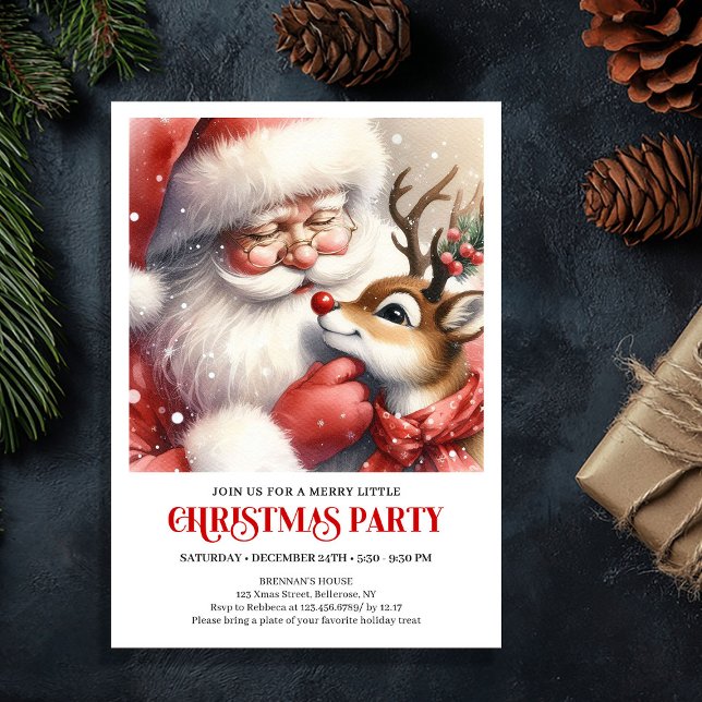 Invitación Festive Santa and Rudolph Christmas Eve Night Part (Festive Santa and Rudolph Christmas Eve Night Party Invitation

)