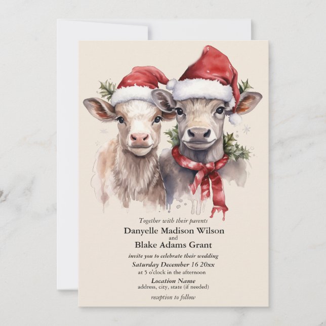 Invitación Festive Santa Hat Cow Calves Christmas Wedding  (Anverso)
