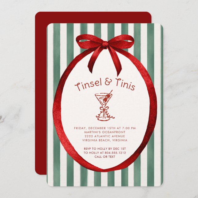 Invitación Festive Tinis and Tinsel Martini Christmas Party  (Anverso / Reverso)