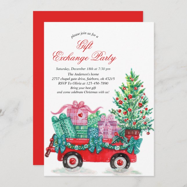 Invitación Festive Watercolor Christmas Gift Exchange Party  (Anverso / Reverso)