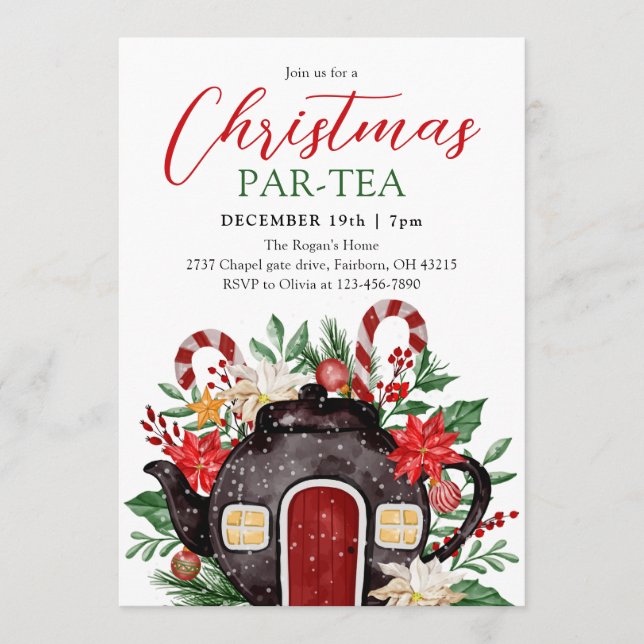 Invitación Festive Watercolor Christmas Tea Party  (Anverso)