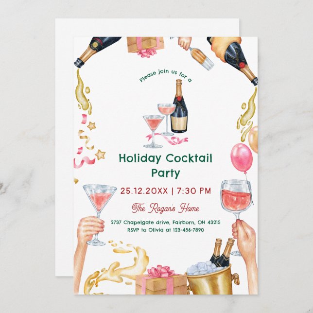 Invitación Festive Watercolor Holiday Cocktail Party (Anverso / Reverso)
