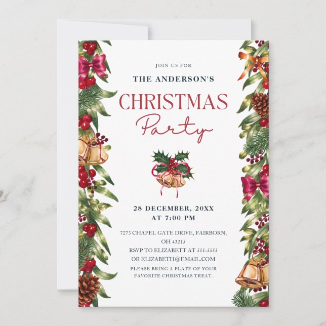 Invitación Festive Watercolor Pines Berries Christmas Party (Anverso)