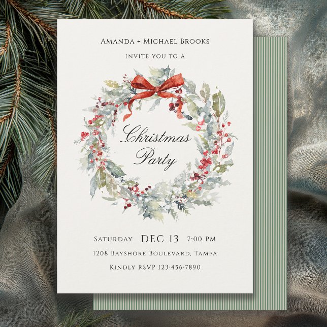 Invitación Festive Wreath Red Bow Christmas Party (Available in both printed and instant download digital formats.)