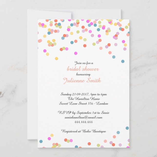 Invitación Festividad Colorida Confetti Bridal Shower (Anverso)