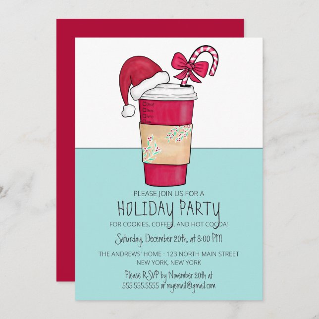 Invitación Festividad Cute Red Santa Hat Coffee Candy Cane (Anverso / Reverso)