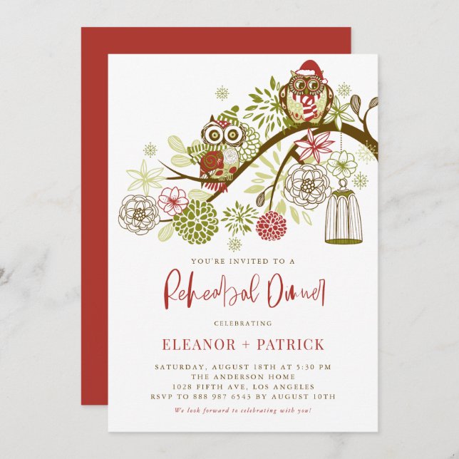 Invitación Festividad de búhos de vacaciones Ensayos Florales (Anverso / Reverso)