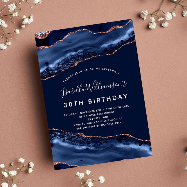 Invitación Festividad de cumpleaños ágata oro de rosa azul de (Subido por el creador)