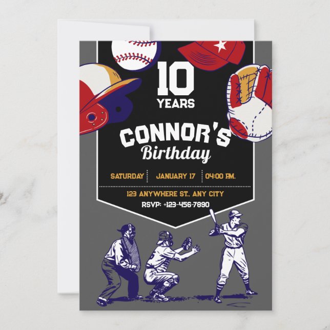 Invitación Festividad de cumpleaños de béisbol ilustrada en r (Anverso)