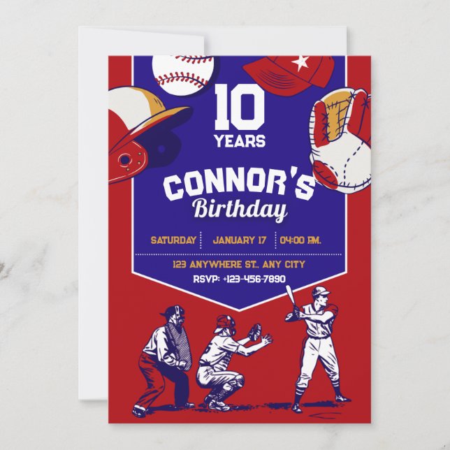 Invitación Festividad de cumpleaños de béisbol ilustrada en r (Anverso)