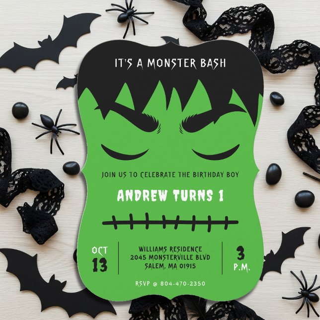 Invitación Festividad de cumpleaños de Frankenstein Monster B (Frankenstein Monster Bash Halloween Birthday Party Invitation
)