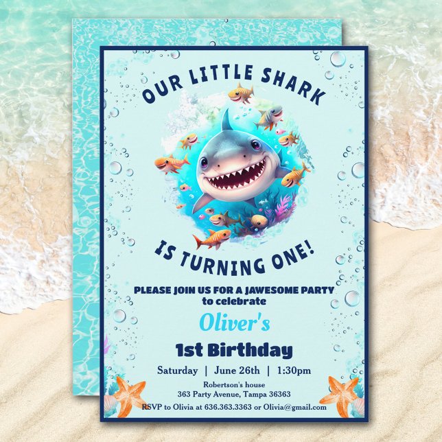 Invitación Festividad de cumpleaños de la piscina de tiburone (Little Shark Pool Birthday Party Boy 1st Birthday)