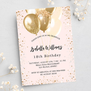 Invitación Festividad de cumpleaños, globos de oro rosa de lu