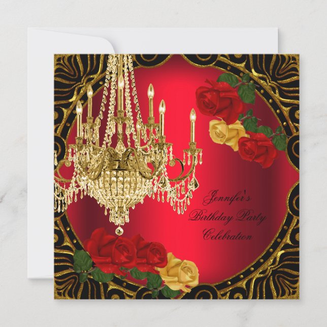 Invitación Festividad de cumpleaños Gold Red Yellow Rose Chan (Anverso)