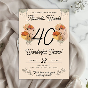 Invitación Festividad de cumpleaños número 40 con flores vibr