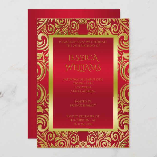 Invitación Festividad de cumpleaños rojo Ruby y Swirls dorado (Anverso / Reverso)