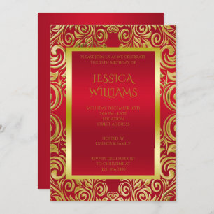 Invitación Festividad de cumpleaños rojo Ruby y Swirls dorado