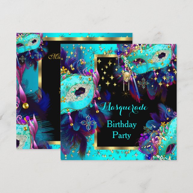Invitación Festividad de cumpleaños rosa azul Verde azulado c (Anverso / Reverso)